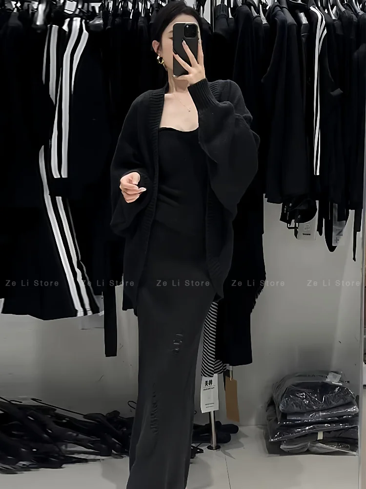 Retro Lazy Wind Sweater Three-piece Women's Autumn and Winter New Knitted Cardigan Suspender Vest Ripped Skirt Set