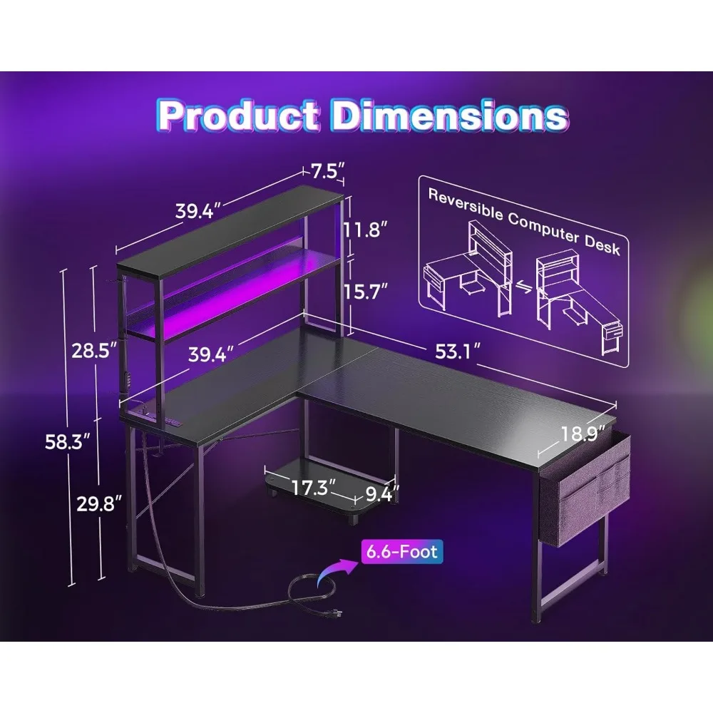 L Shaped Desk Gaming Desk with LED Light & Power Outlet,53 Inch Reversible L Shaped Computer Table with Shelf & Storage Bag