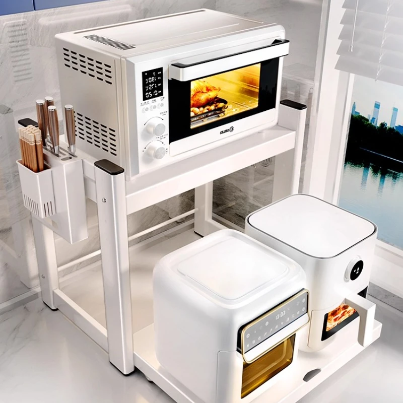 

Microwave Cart with Rolling Pull-Out Drawer, Sturdy 2-Tier Kitchen Storage Rack, Multifunctional Countertop Organizer Stand