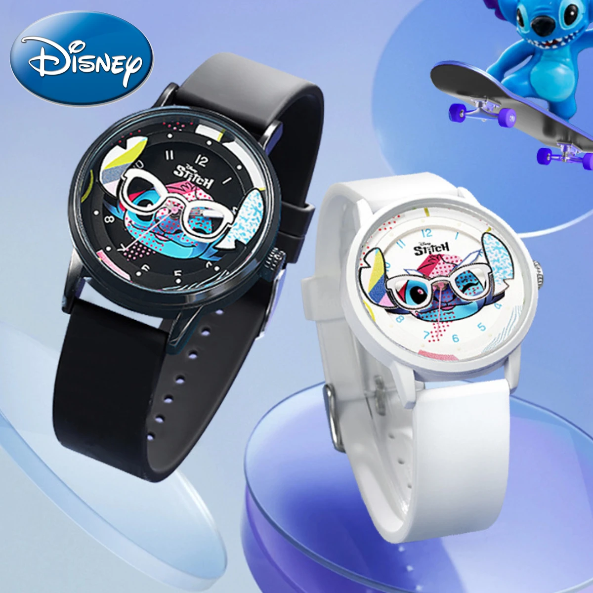 Disney-reloj de cuarzo con caja para niños, cronógrafo Masculino con diseño de gafas huecas de cristal, luminoso, Stitch, regalo