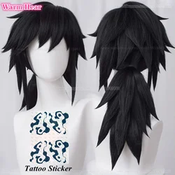 Anime Tomioka Giyuu syntetyczny długi 40cm czarny kucyk kudłaty warstwowy stylizacja Cosplay Anime peruka peruki termoodporne Halloween