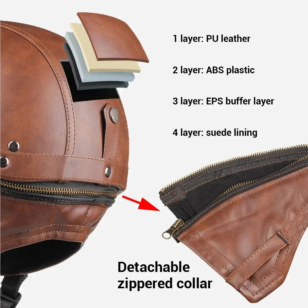 Retro Motorcycle Helmet PU Leather Moto Helmets Men Women Half Helmet HD Lens Casco Four Seasons Riding Scooter Capacetes