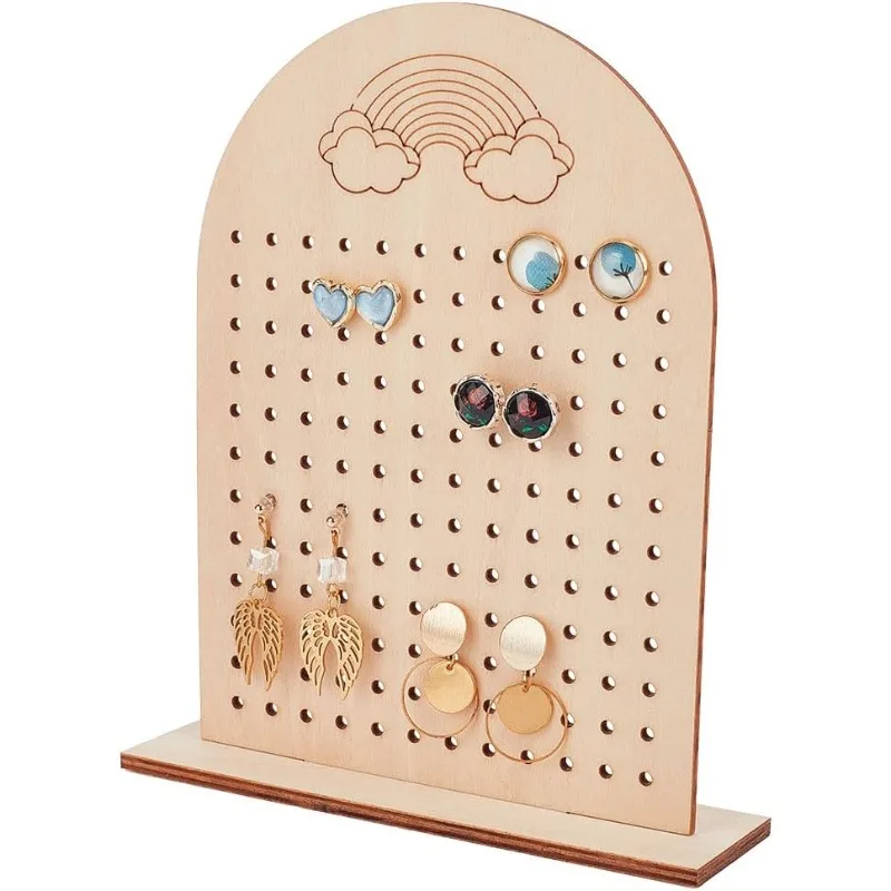 1pc Wood Earring Display Stand 144 Holes Wooden Pegboard Display Stand Earring Holder Jewelry Organizer Rack with Rainbow