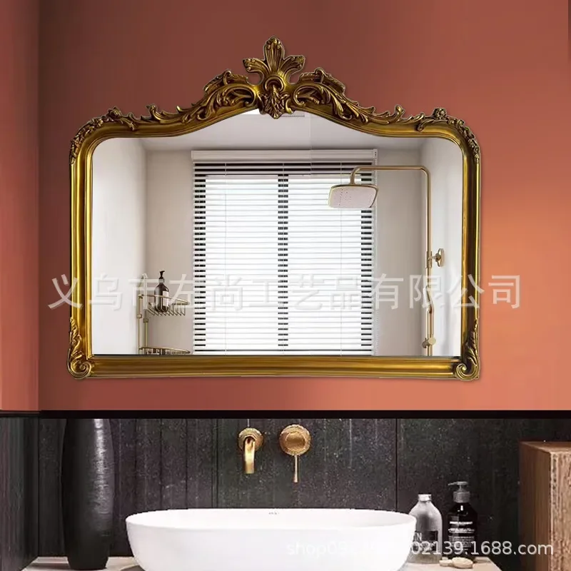 European French Retro Large Bathroom Mirror Double Basin Wall Mounted Carved Art Decorative Hanging Mirror for Toilet