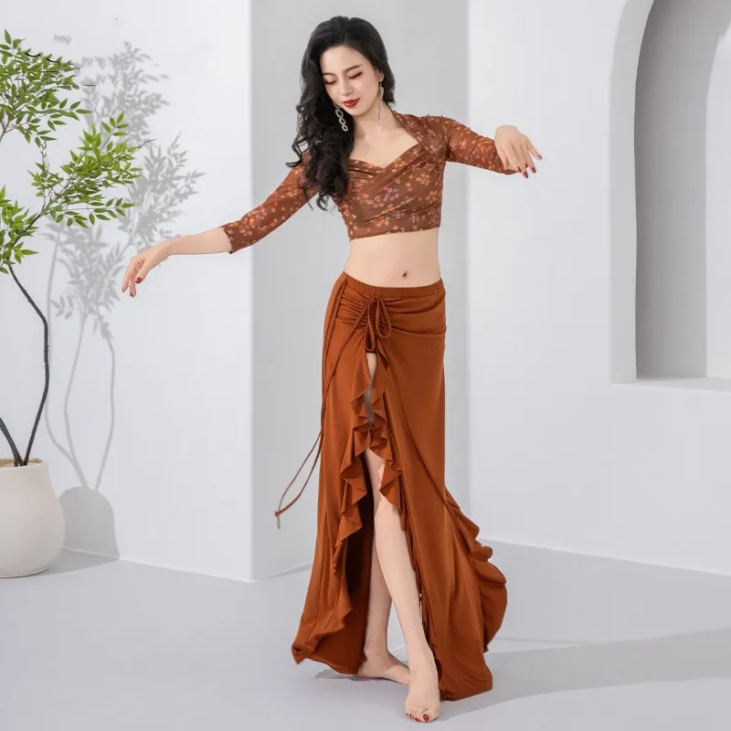 Belly Dance Skirt for Women, High Waist Ruffle Split Maxi Skirt, Drawstring Adjustable Practice Costume, Professional Outfit view 4