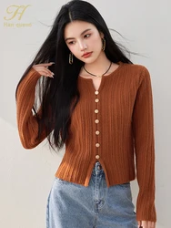 H Han Queen 2024 Autumn Winter Thick Cardigan Vintage Clothes Elegant Simple Basics Loose Casual Long Sleeve Sweater Women Tops