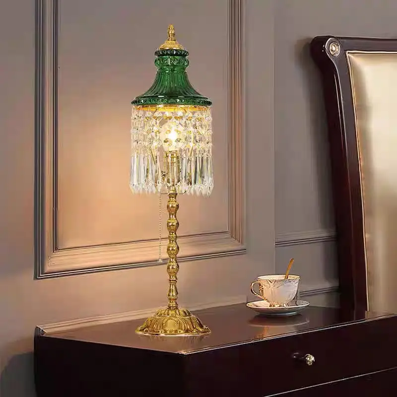 New Light Luxury European Crystal Tassel Glass Desk Lamp with Brass Carving Decoration for Living Room and Bedroom