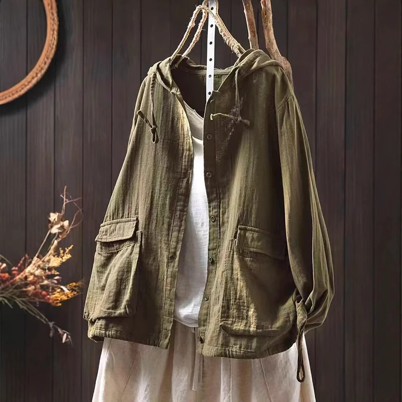 

Women Long Sleeve Hooded Shirt New Arrival 2025 Spring Double Pockets Solid Color Loose Female Casual Cotton Tops Shirts M501
