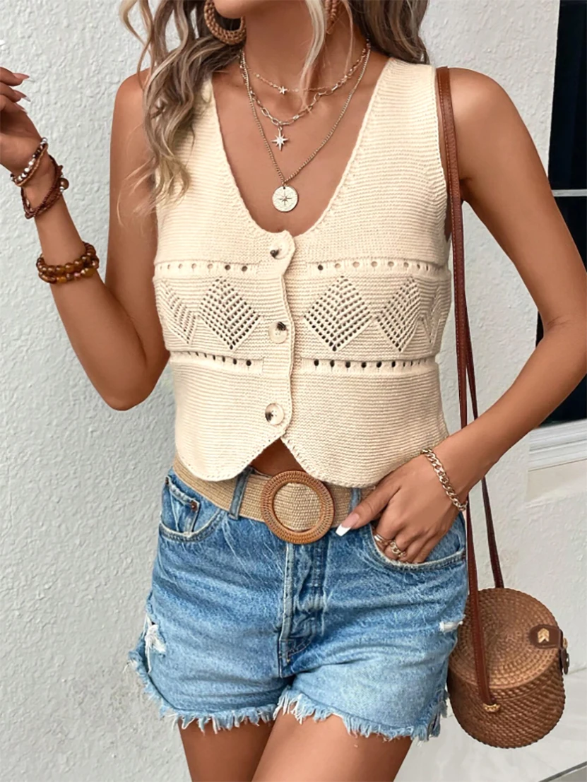 

Women's fashion button hollow sweater cardigan sleeveless knitted coat