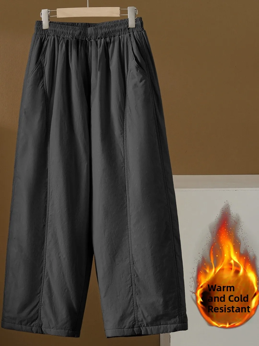 Thiened القطن بنطال ذو قصة أرجل واسعة شتاء جديد Sle لون نقي المرأة فضفاضة عادية ثنى بنطلون طويل عالية الخصر القطن #4