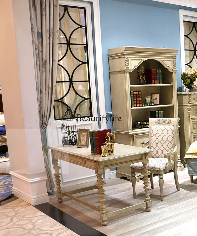 jj *European-style all-solid wood retro ivory white old engraved desk