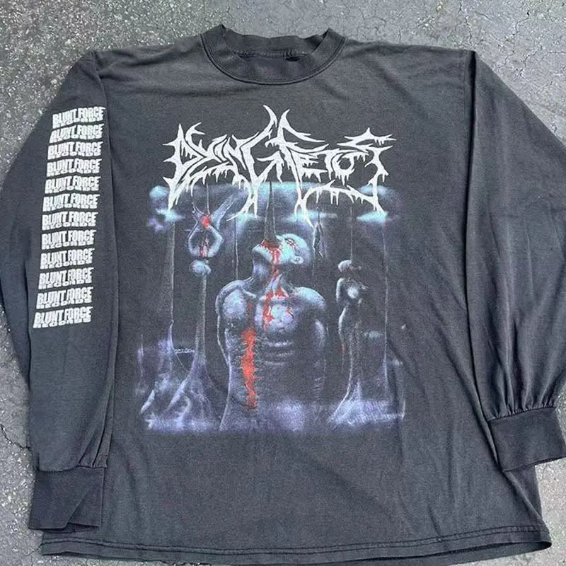 

Y2k Hip Hop Vintage 90s Long-Sleeved Oversized T-Shirt Winter Goth Design Sense Loose Top Tide Streetwear Washed Denim T-Shirt