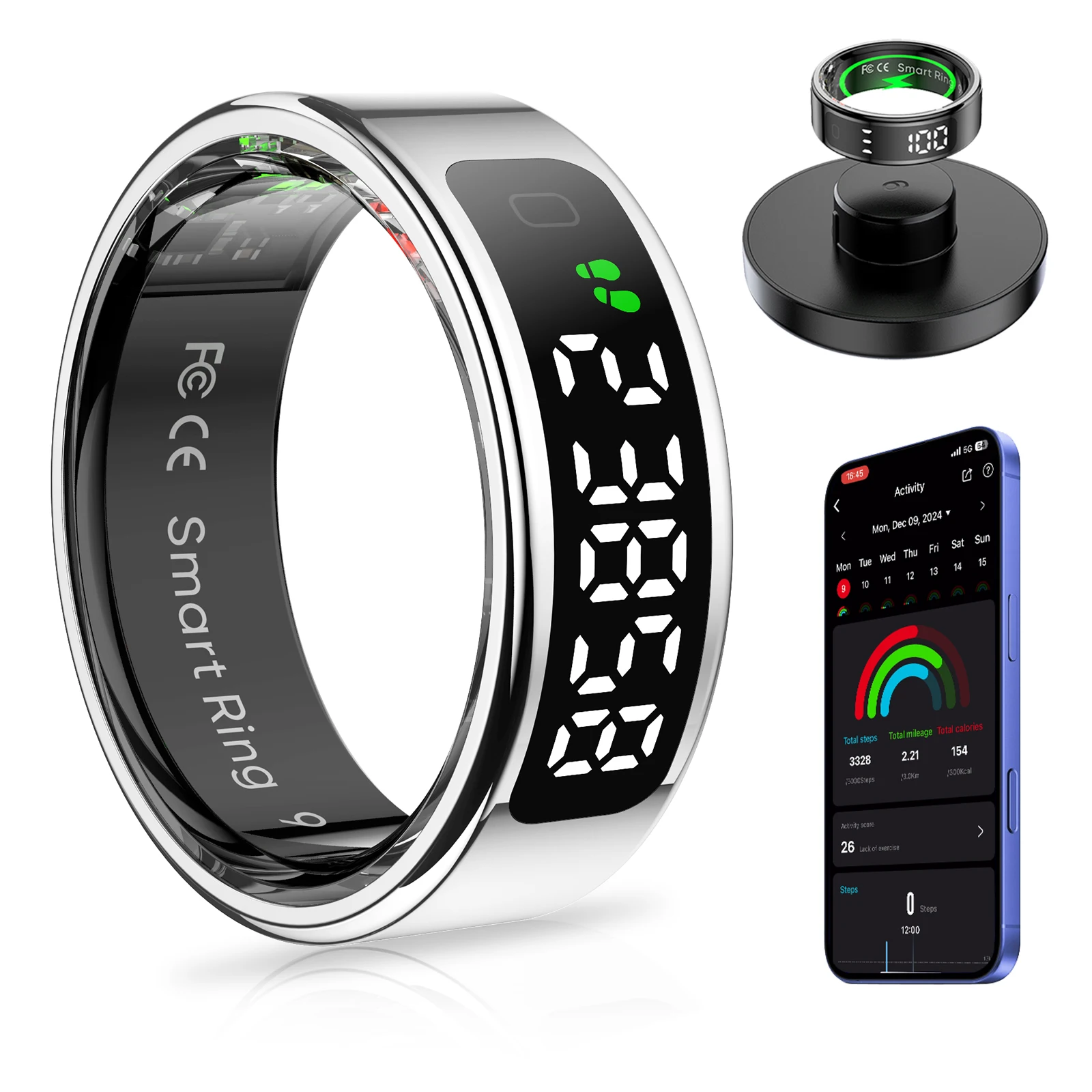 AMOVAN Smart Ring con display a LED Tracker sanitario e pulsante a sfioramento, connessione Bluetooth Monitor sanitario