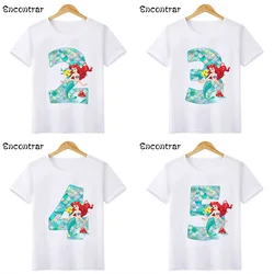 Disney prenses Mermaid grafik kız giysileri çocuklar T shirt yaş 1 2 3 4 5 6 7 8 9 yıl doğum günü numarası yay bebek t-shirt, HKP2697