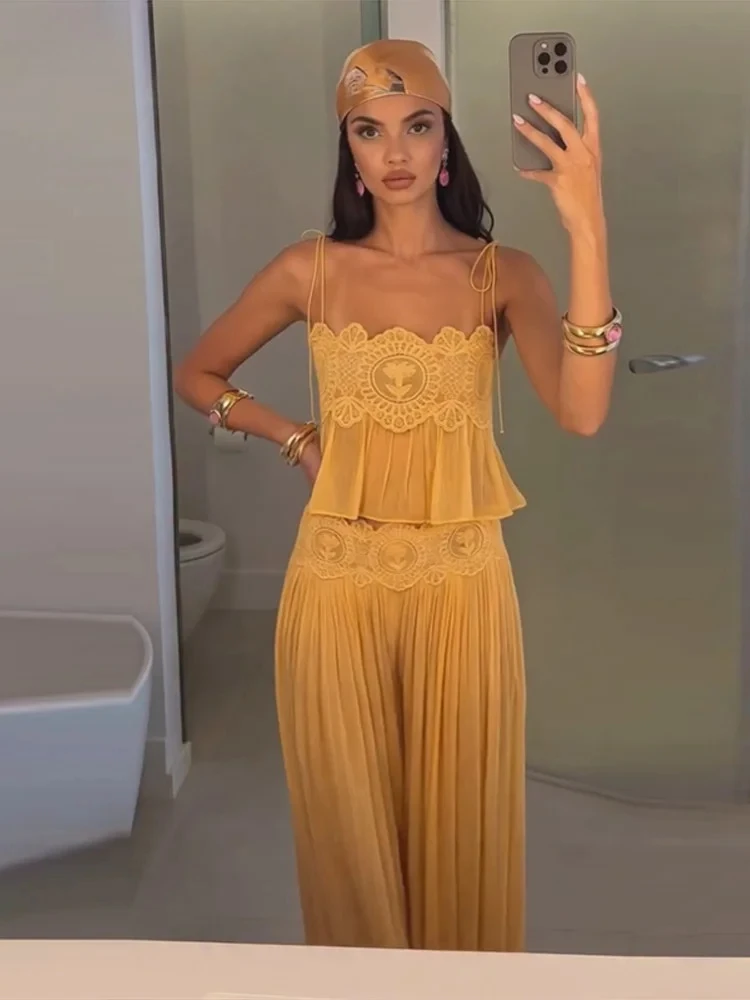 Women's Fashionable Lace Embroidery Hollow Out Sleeveless Backless Suspender High Waist Wide Leg Loose Pleated Lantern Pants Set