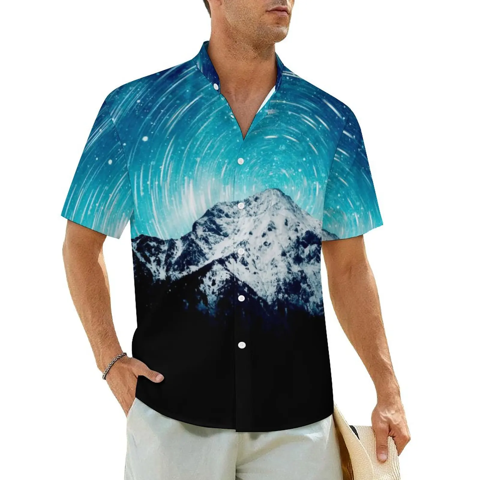 

Mountain Print Casual Shirt Nature Galaxy Loose Hawaiian Shirts Men Short Sleeve Beach Korean Fashion Custom Oversized Blouses