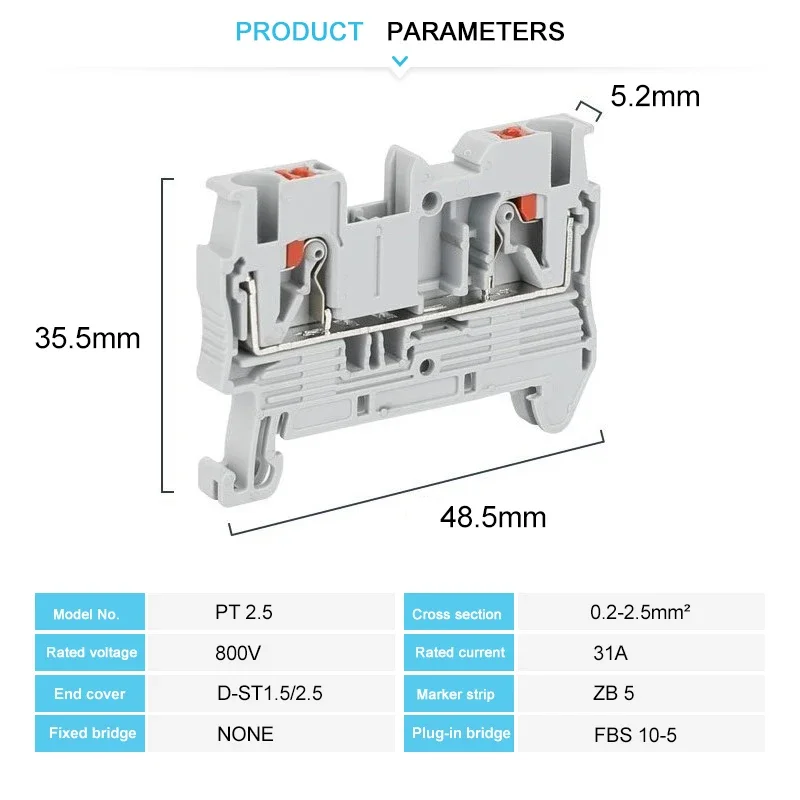 20 PCS PT2.5 Push-in Terminal Block 2.5mm² Connector Spring Feed-Through Strip Plug PT-2.5 Wire Electrical Din Rail Contact