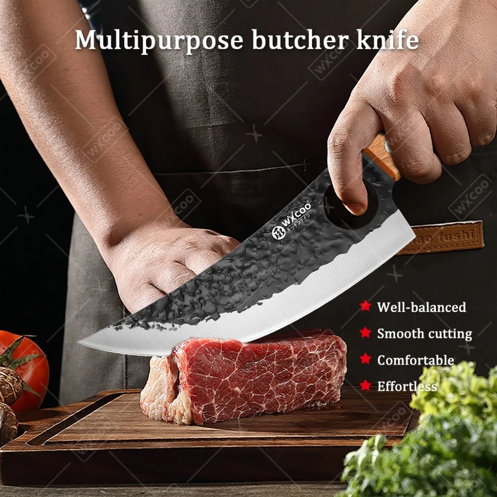 WXCOO Ergonomic Cherry Wood Handle Hand Forged Kitchen Butcher Knife Hammered Black Blade for Home Kitchen Meat Bone Processing