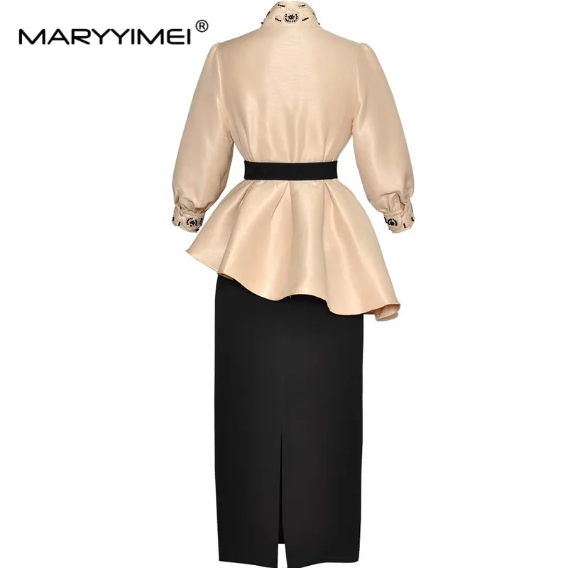 MARYYIMEI Autumn and Winter Women\'s Commuter Suit Stand Collar Long-Sleeved Beading Design Tops+Slim Pencil Skirt 2 piece set