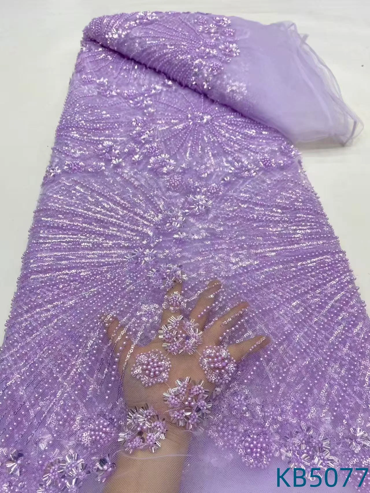 

African Lace Fabric 5 Yards High Quality 2025 Pink Beaded Embroidered Lace White Bridal French Mesh Fabrics For Sewing KB5077