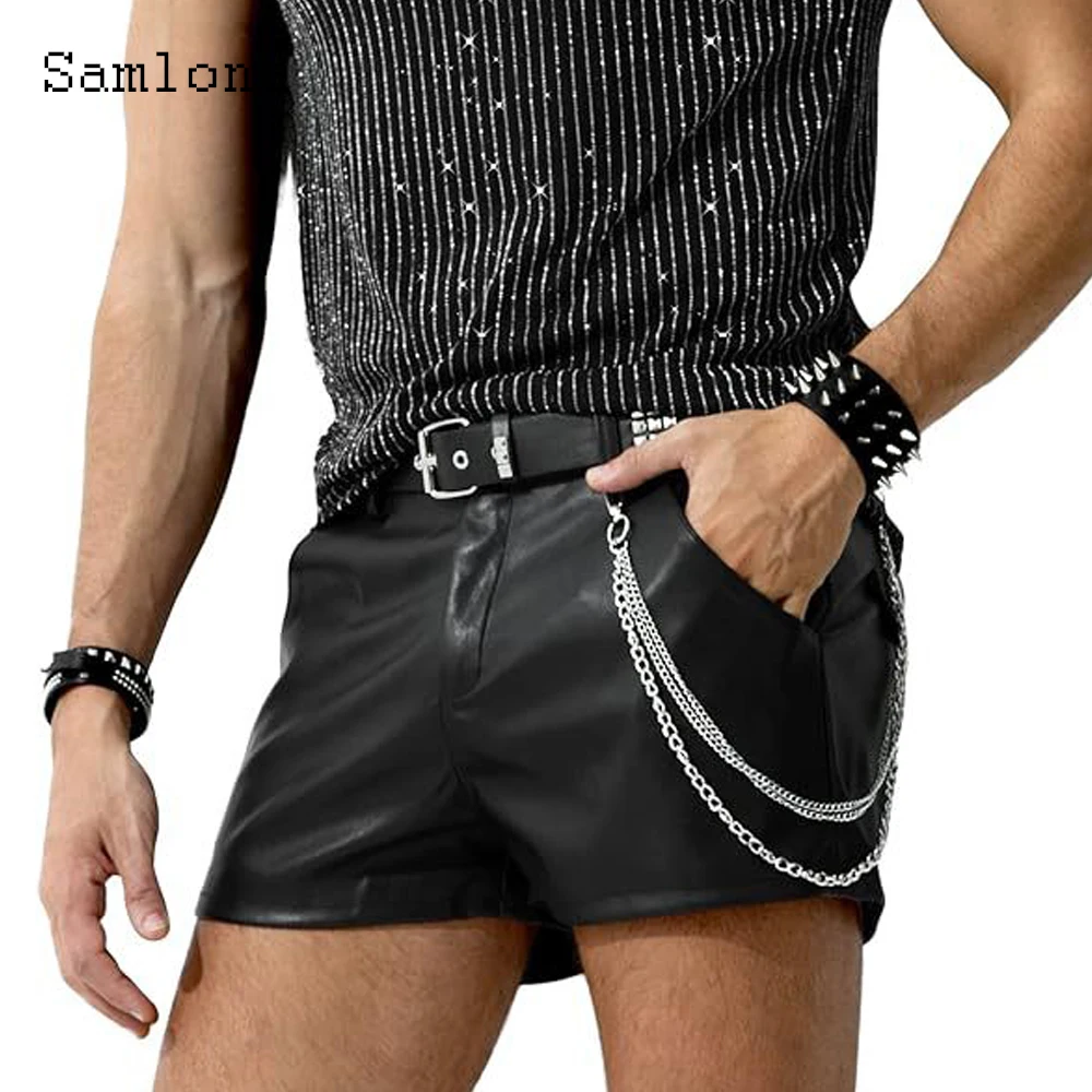 

2026 Men's Rock Style PU Leather Shorts Sexy Night Club Dance Shorts European Fashion Zipper Pocket Faux Leather Short Pants New