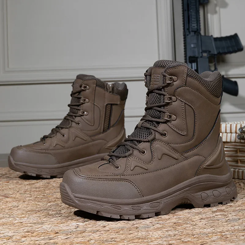 Combat boots, PU mesh fabric, mid cut, wear-resistant tactical boots, outdoor sports hiking shoes, hiking military boots