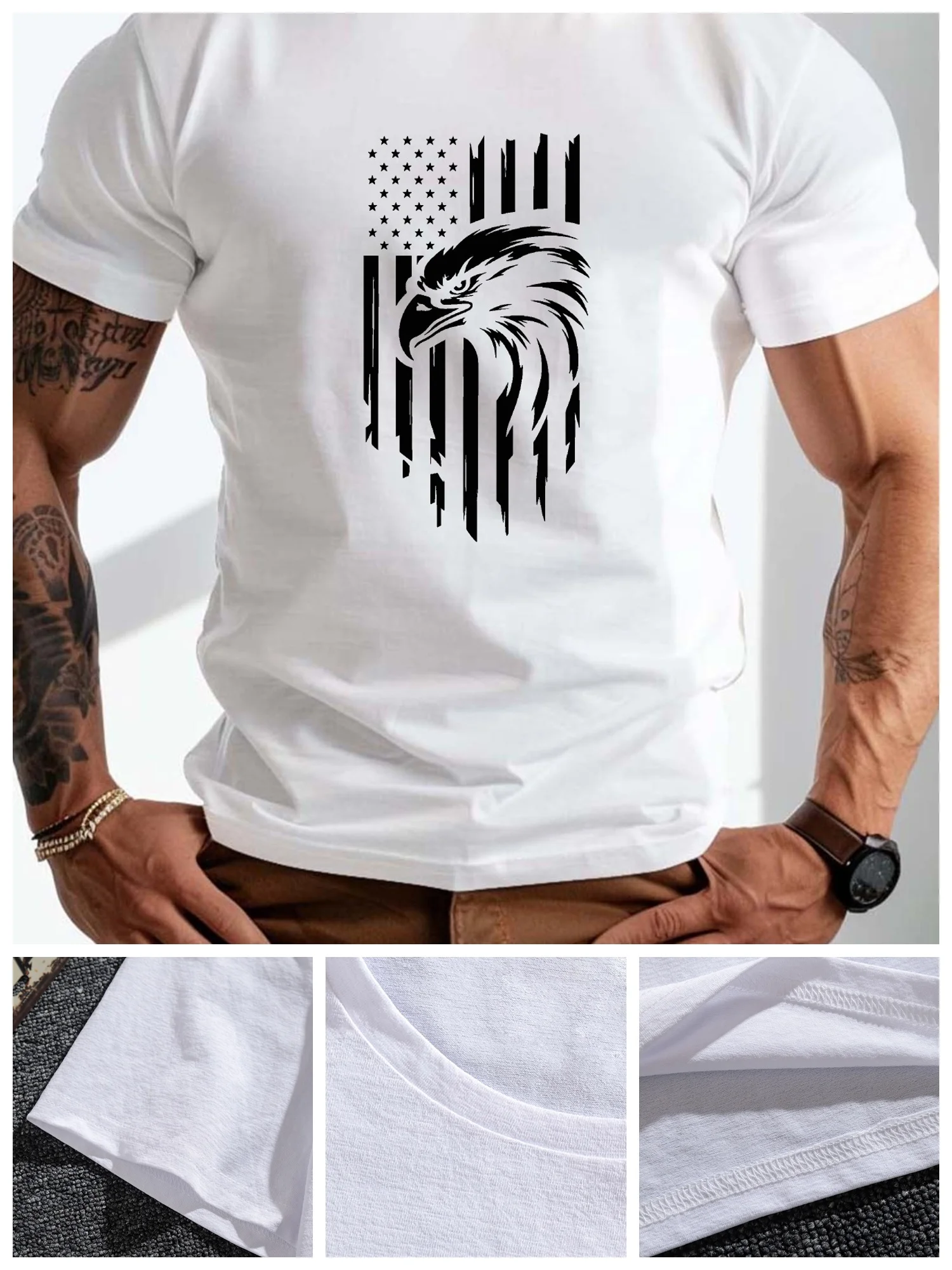 

Мужская летняя футболка больших размеров с короткими рукавами и графическим принтом орла и флагом для повседневной жизни