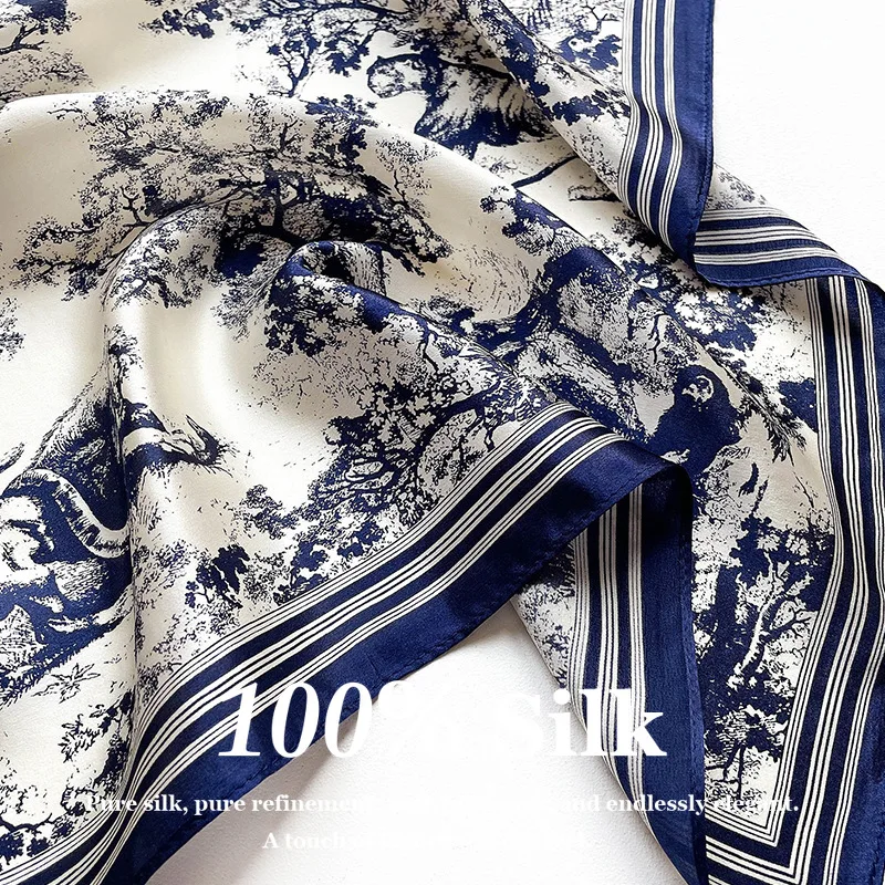 100% Natürlicher Maulbeerseide-Schal für Damen, Designer-Hijab, Bedruckter Luxus-Quadratschal, Halstuch, Haarband, Taschenband, Foulard
