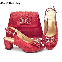 New Design Italian Shoes and Bag for Party 2024 Red Color Rhinestones Elegant Woman Peep Toe High Heels Italy Shoe and Bags Set