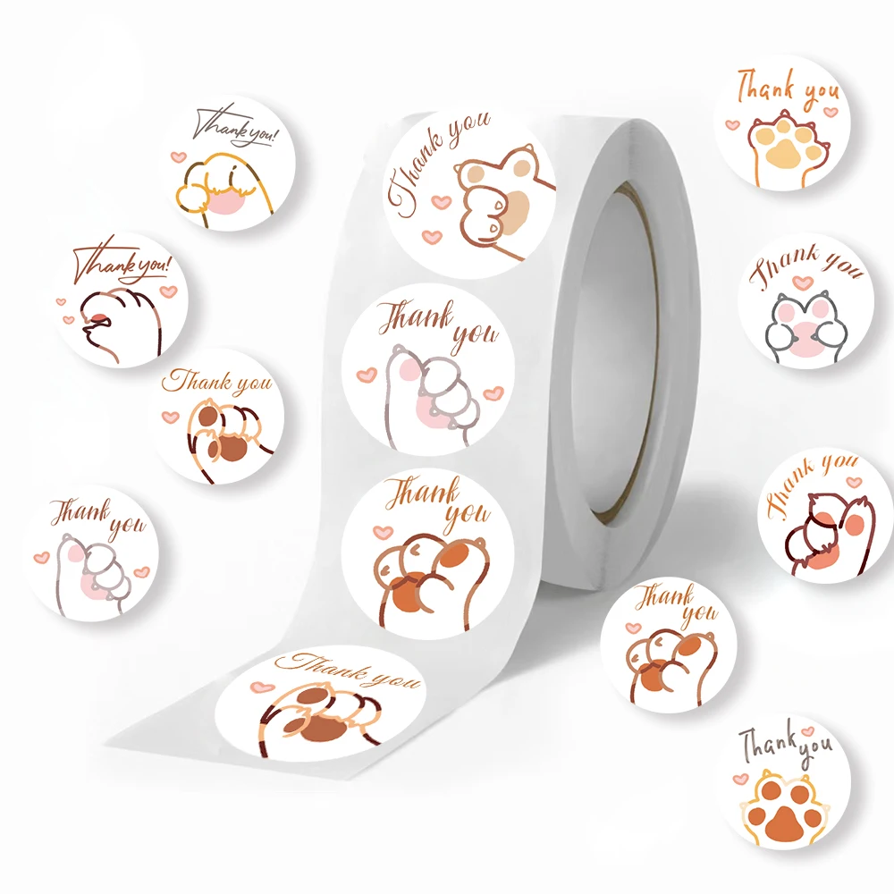 500PCS 귀여운 만화 발 인쇄 스티커 개 고양이 곰 발 레이블 스티커 감사합니다 스티커 편지지 교사 학생을위한