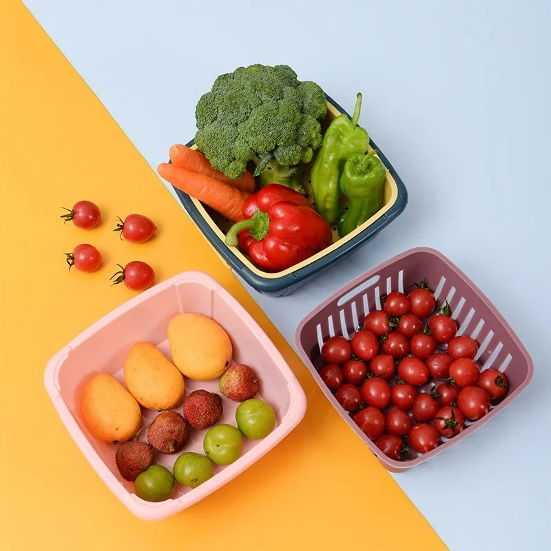 Double-Layer Drain Basket Lid Refrigerator Crisper Multifunctional Square Large Size Washing Vegetable Basket Kitchen Organizer