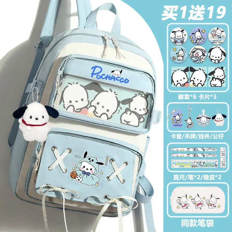 Sanrio Pacha Dog Student Schoolbag, bonito dos desenhos animados, impermeável, resistente a manchas, grande capacidade, mochila casual, novo