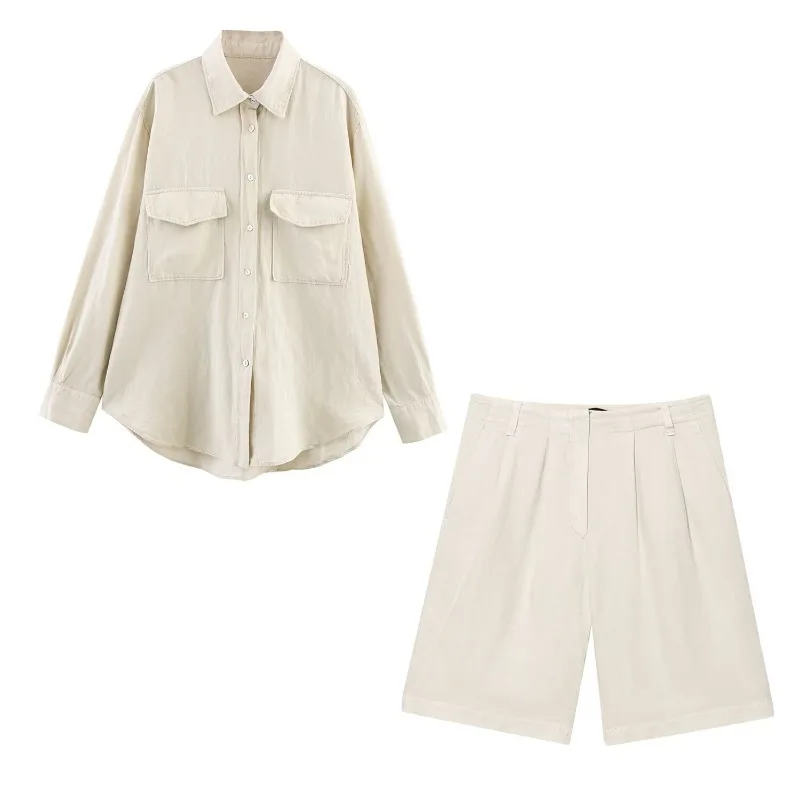 

TRAFZR White Outfits Woman Linen Set Elegant Women's Sets Short Sleeve Oversize Shorts Comfortable Size New Matching Two Piece