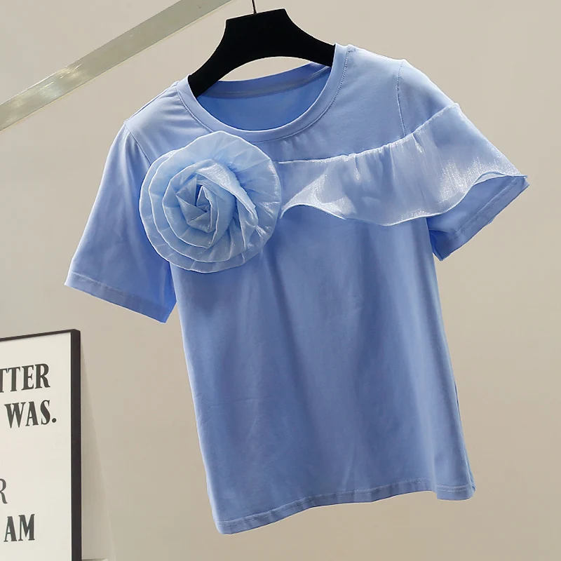 

Faionable Korean Sle ort Sve T-irt Women's Slim Fit round Ne Top Heavy Embroidery Flower Lace Hem Plant Pattern