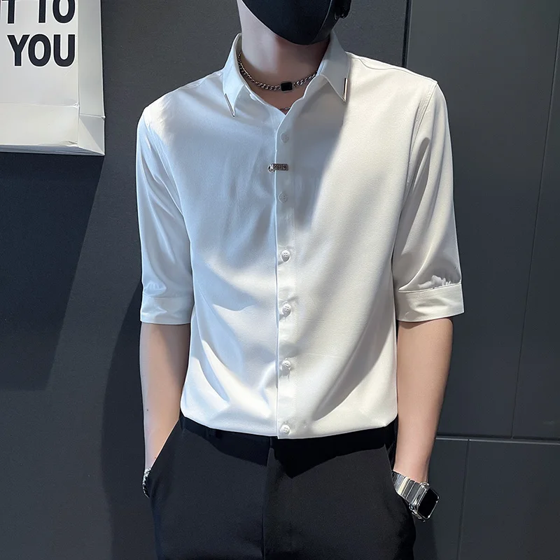 

Ice Silk Men's irt ort Sve Summer Thin Five-Seven f Sve Inch irt Premium Feeling Five-Quarter Middle Sve