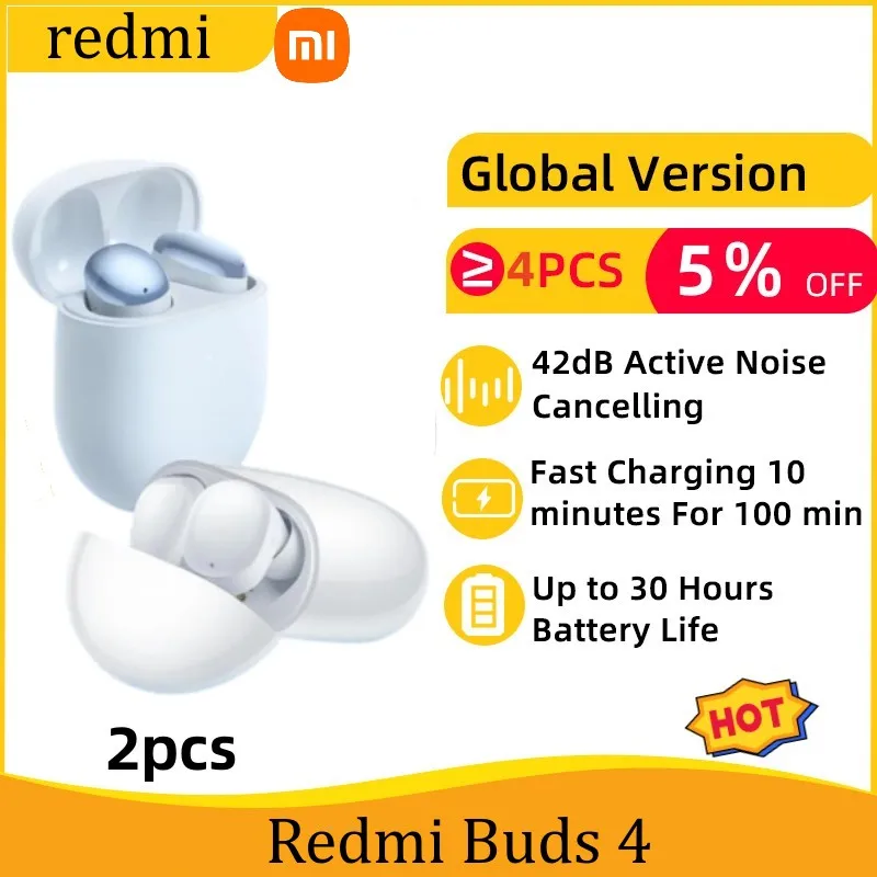 2PCS Xiaomi Redmi Buds 4 Wireless Earbuds TWS Active Noise Cancelling Bluetooth 5.2 in-Ear Earphones Fone De Ouvido Bluetooth