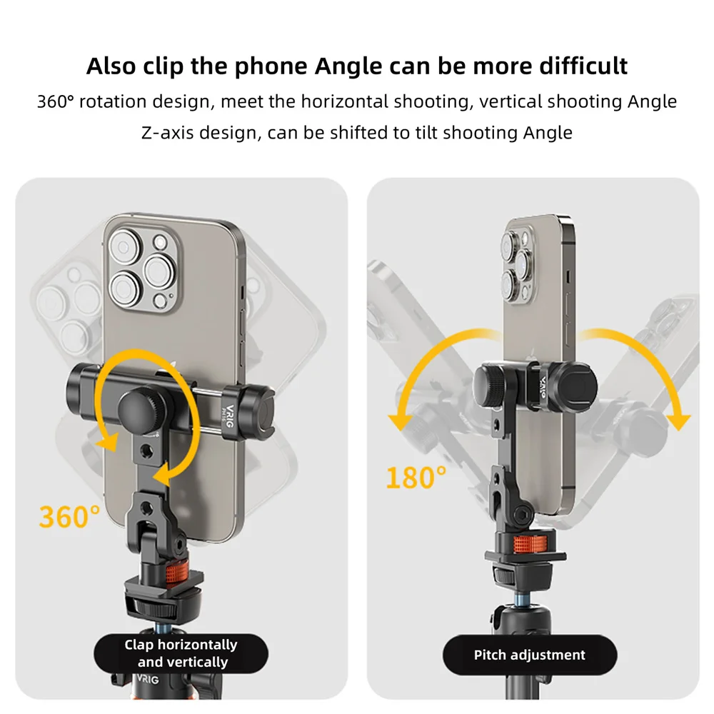 VRIG 360 Rotate Metal Phone Tripod Mount w Arca Cold Shoe Phone Holder for Iphone Android Smartphone Tripod Adapter Camera Light