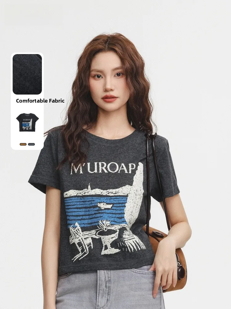 

Футболка Memory's Start Slim Fit с коротким рукавом, летняя коллекция 2025, новая модель с буквенным принтом, женский топ, повседневный классический стиль, смесь полиэстера и хлопка