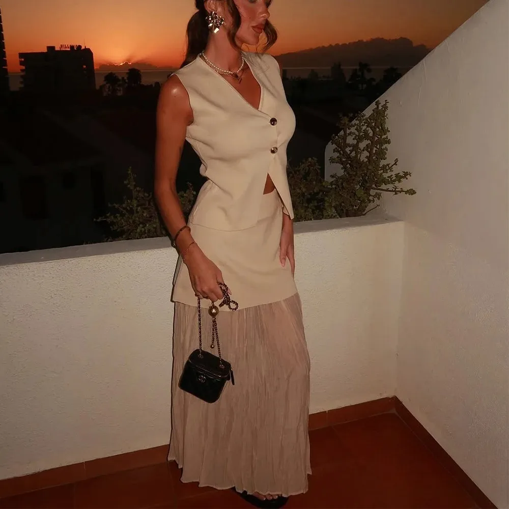 KONDALA Abito lavorato a maglia da donna vintage chic con scollo a V senza maniche Top dritto gonna lunga impiombata Moda 2025 Abito primaverile