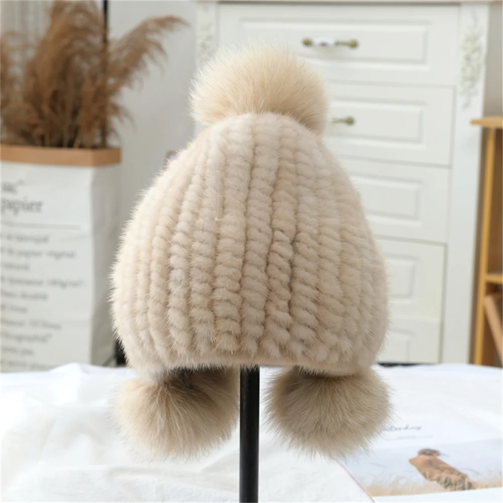 New fashion Genuine natural women\'s knitted Mink Fur Hat Winter Womens Mink Fur Hats hand made knit Fluffy Ladies Fur Beanie