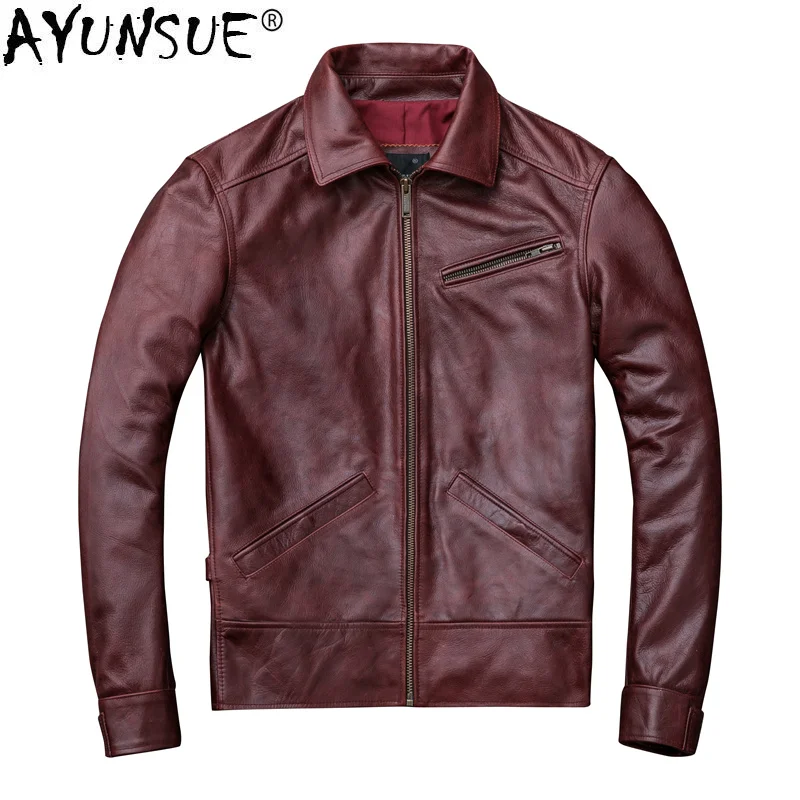 

Genuine Leather Jacket Men Spring Cow Coat Oil Wax Cowhide Bomber Motorcycle Veste Cuir Homme KJ1912