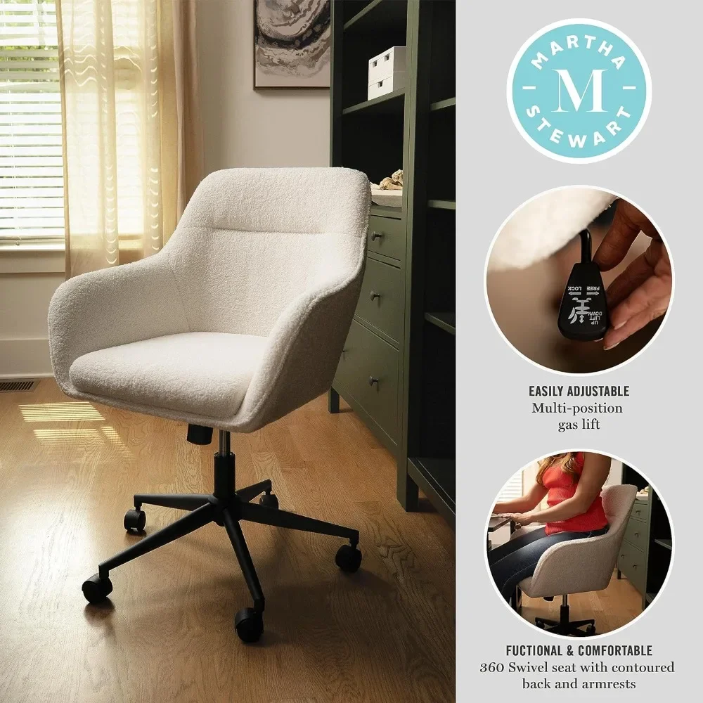 Rayna Swivel Task Chair With Flared Arms for Home Office in White Boucle With Oil Rubbed Bronze Frame Freight Free Computer