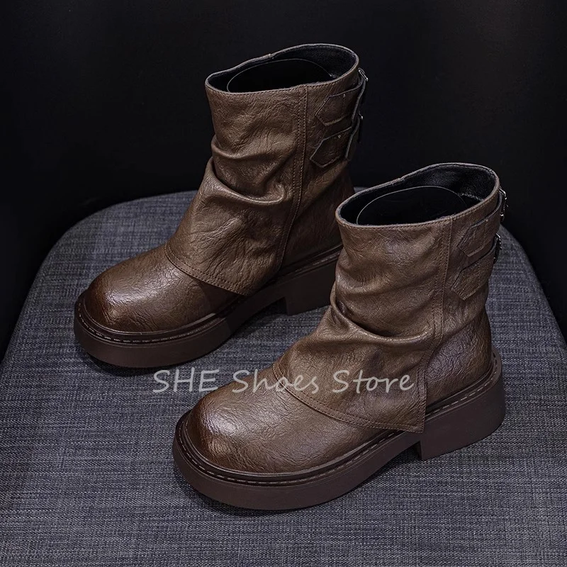 

Fashion Women Pleathed Turned-Over Edge Short Boots British Style Belt Buckle Decor Chelsea Boots Ladies Winter Stretch Boots