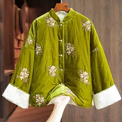 Double Sided Wear Silk + Velvet Cotton Coat New Chinese Style  Stand Collar Women's Winter Embroidered Raglan Sleeve Jacket S-XL