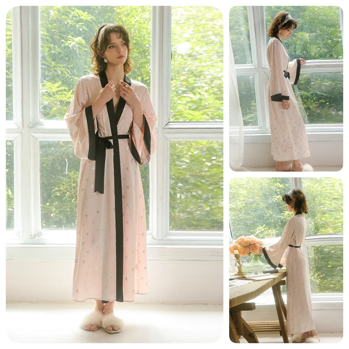 

Elegant Pink Nightgown with Glitter Satin Black Trim Long Straps Horn Sleeves Luxurious Loungewear L Size Soft Thin S M L Size