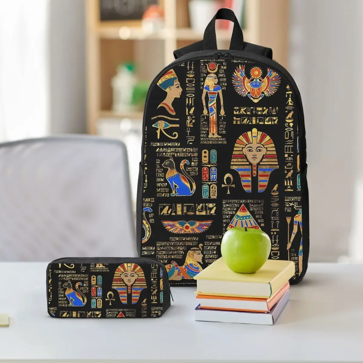 Egyptian Hieroglyphs And Deities Backpack Boys Girls BookBag School Bag Shoulder Bags 3ps Insulated Lunch Bag Pencil Case