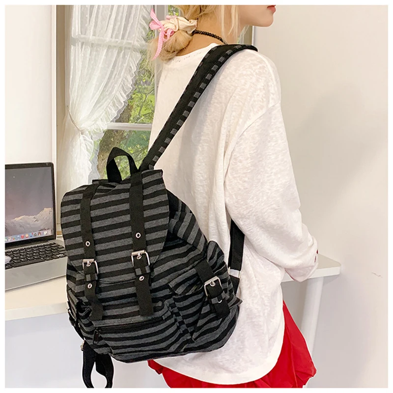 High Quality Korean Style Retro  Backpacks Drawstring Design Flat Stripe Bookbags Large Capacity Soft Tote Bags Unisex