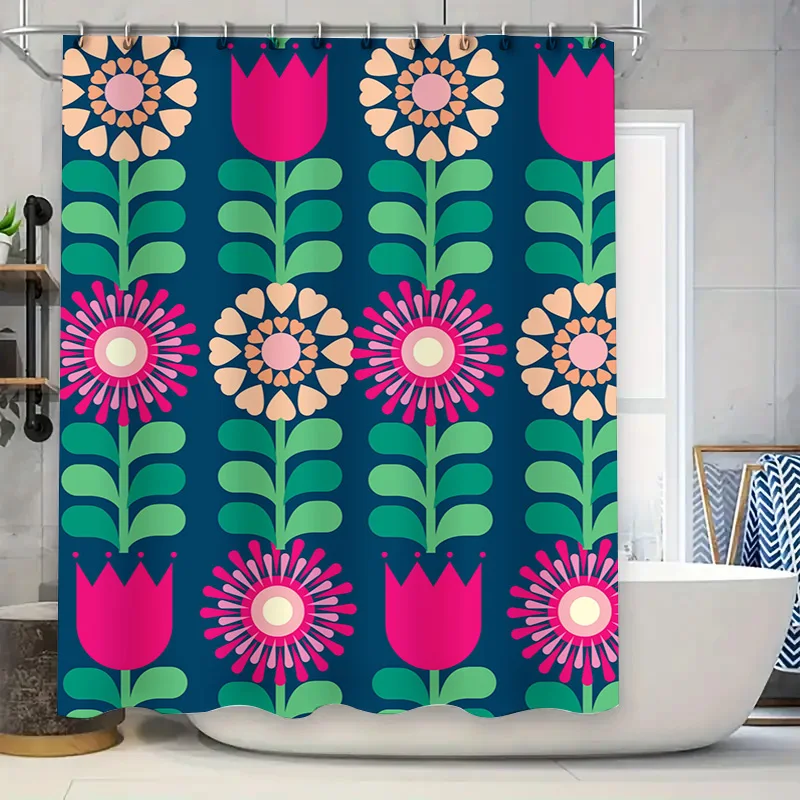 

Восхитительная занавеска для душа с цветочным принтом, жирные розовые цветы на темно-синем фоне, идеально подходящая для декора ванной комнаты