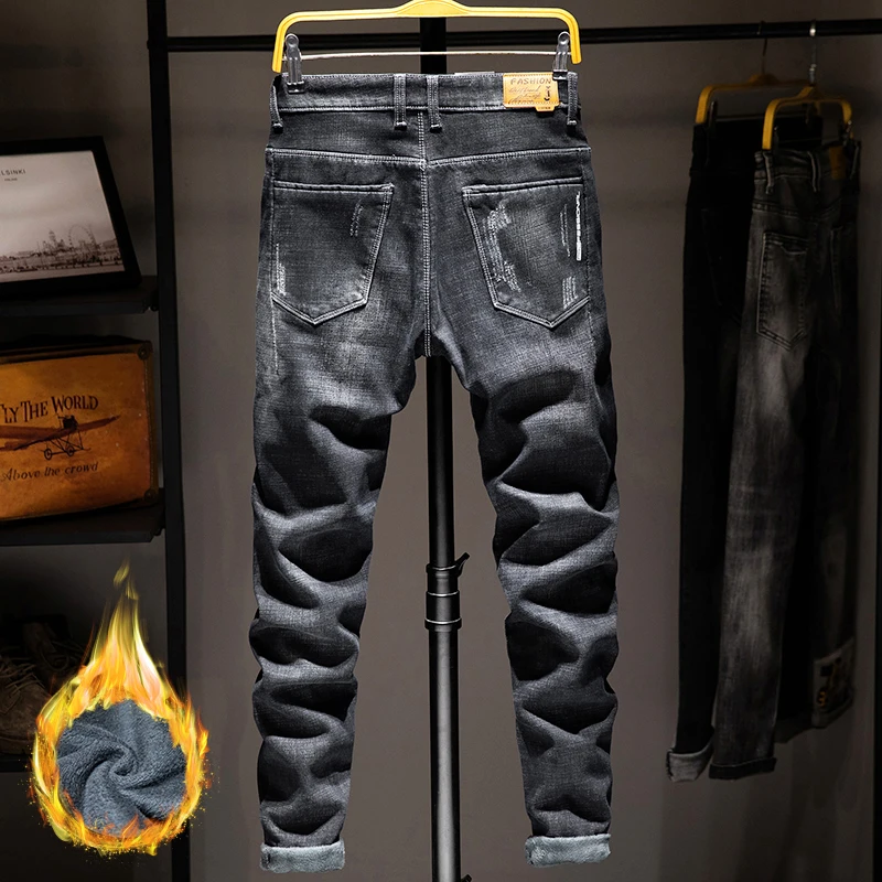 Pantalones vaqueros ajustados de invierno a la moda para hombre, pantalones vaqueros elásticos de lana a la moda para motocicleta urbana, pantalones vaqueros gruesos de Hip Hop