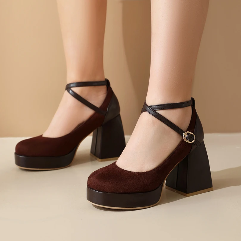 Plus Size Matte Suede Patchwork PU Ankle Cross Strap Buckle Casual High Heels Ultra-High Thick Heel Shallow Spring New Pumps